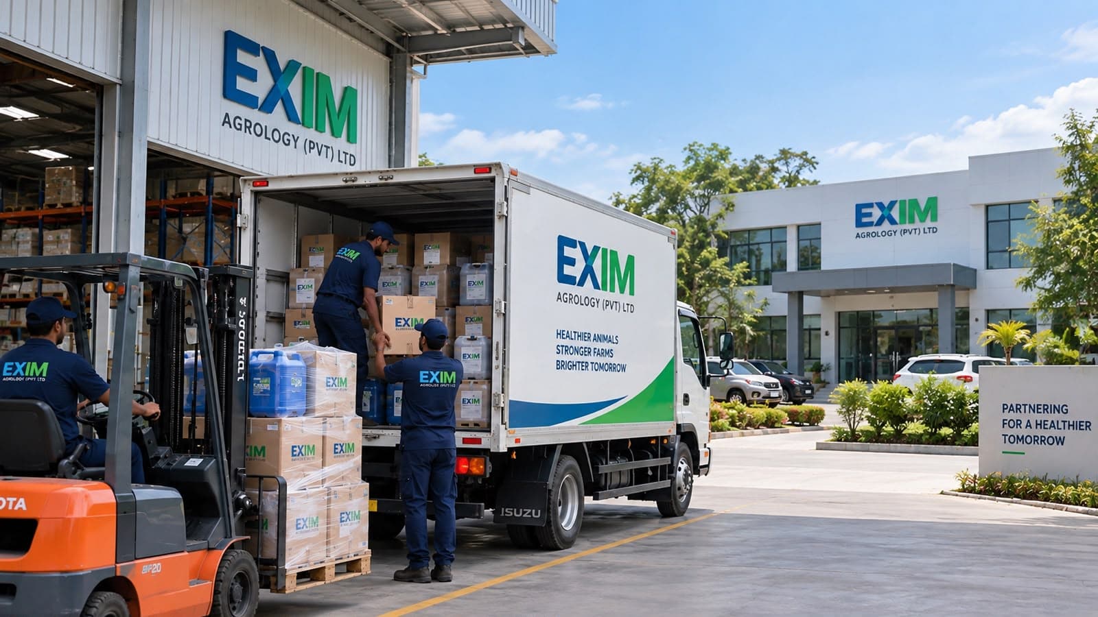 Poultry crates being loaded onto an Exim Agrology distribution truck